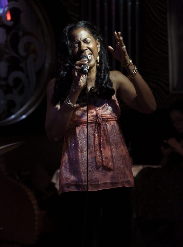 Holding a microphone and singing, a person performs on stage. 