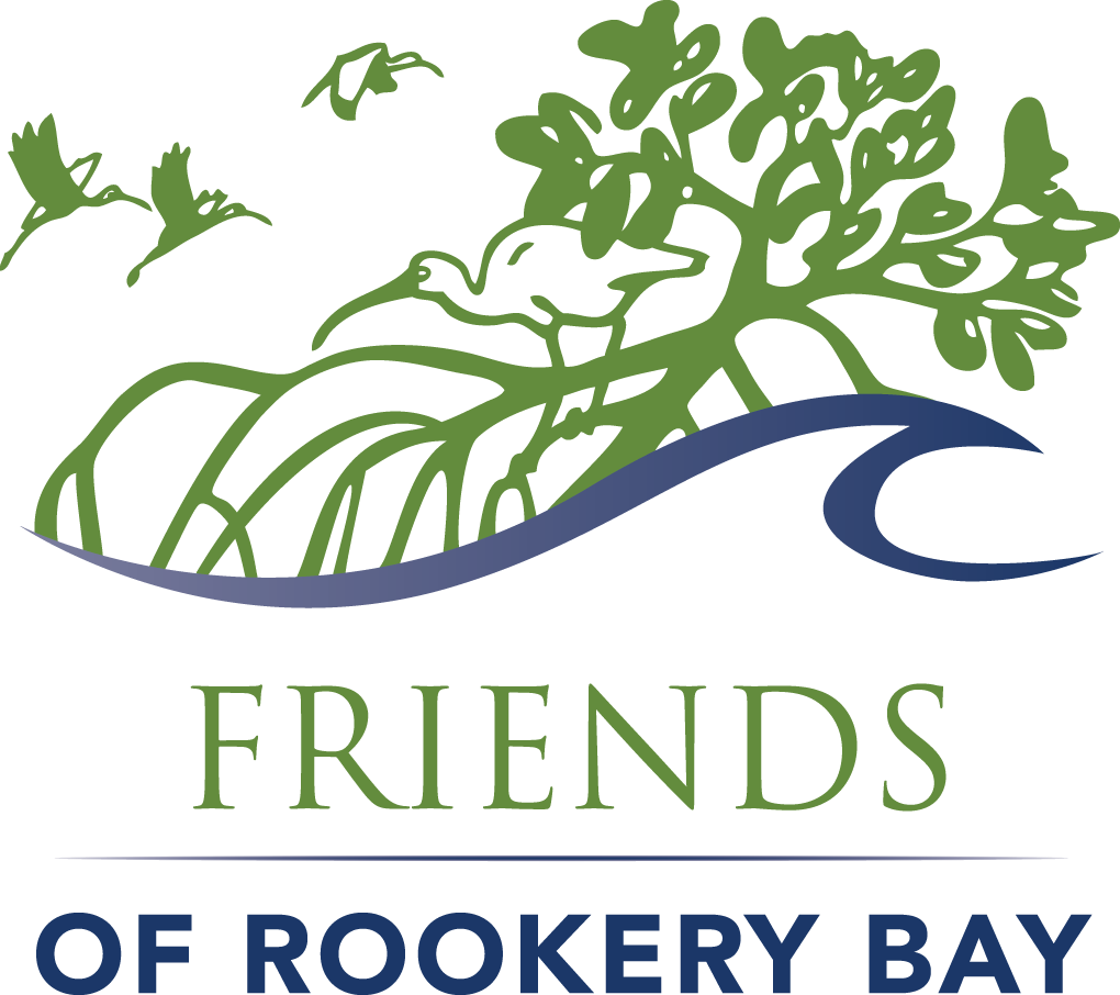 Friends of Rookery Bay logo of three birds flying and one bird resting on mangrove branches. The mangrove is on top of a blue wave.