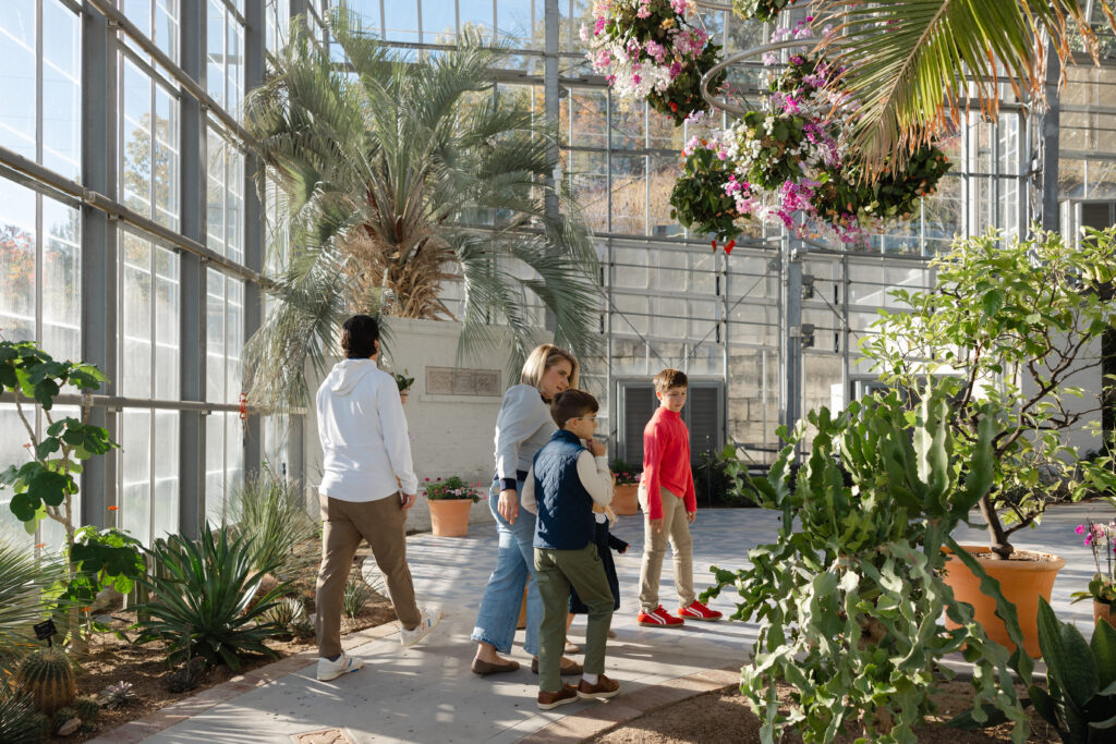 A family of five walk on a pathway in the conservatory gazing at the newly planted tropical collection.