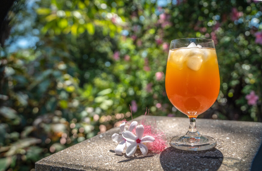 A glass of spiked apple cider on a table in the Garden, surrounded by tropical blooms.