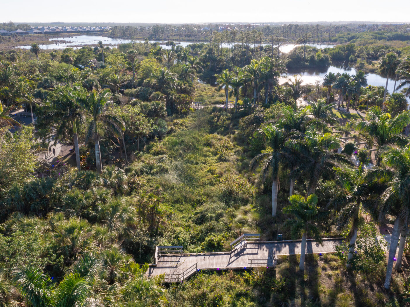 An aerial photo shows the River of Grass down the center, stretching to the lakes in the background. Towering trees and gardens border the River of Grass on each side.