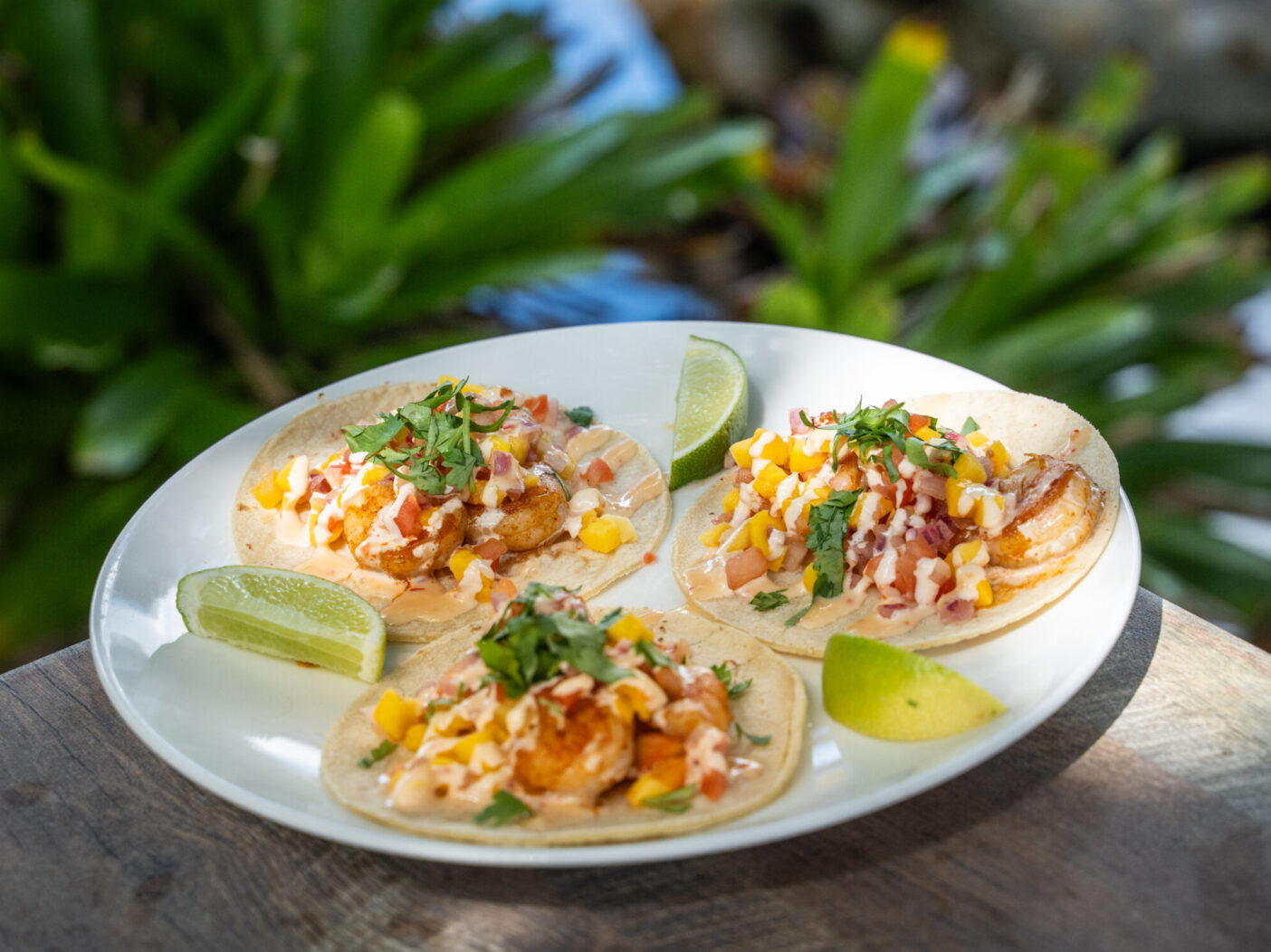Three shrimp tacos topped with sauce and mango pico de gallo, garnished with lime wedges, sit on a plate on a table. There are green plants in the background.