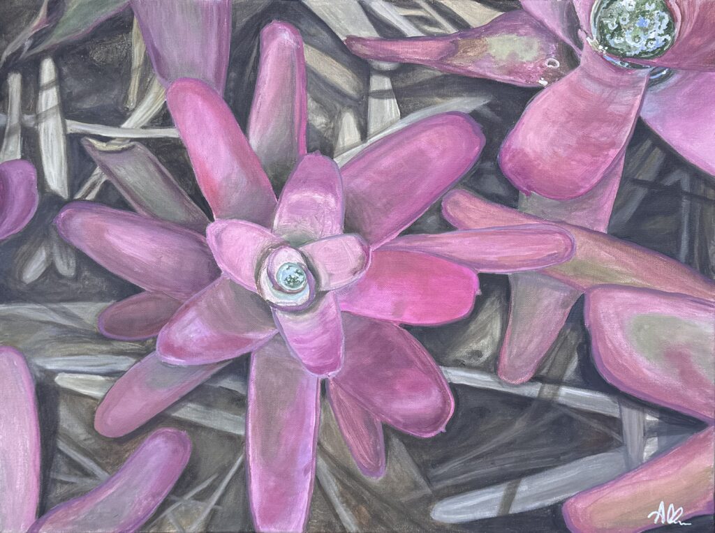 Bromeliads in purple with brown and grey leaves in the background are painted on a canvas.