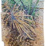 A painting on fabric depicts dried plant leaves in varying shades of brown with a few green leaves in the background.