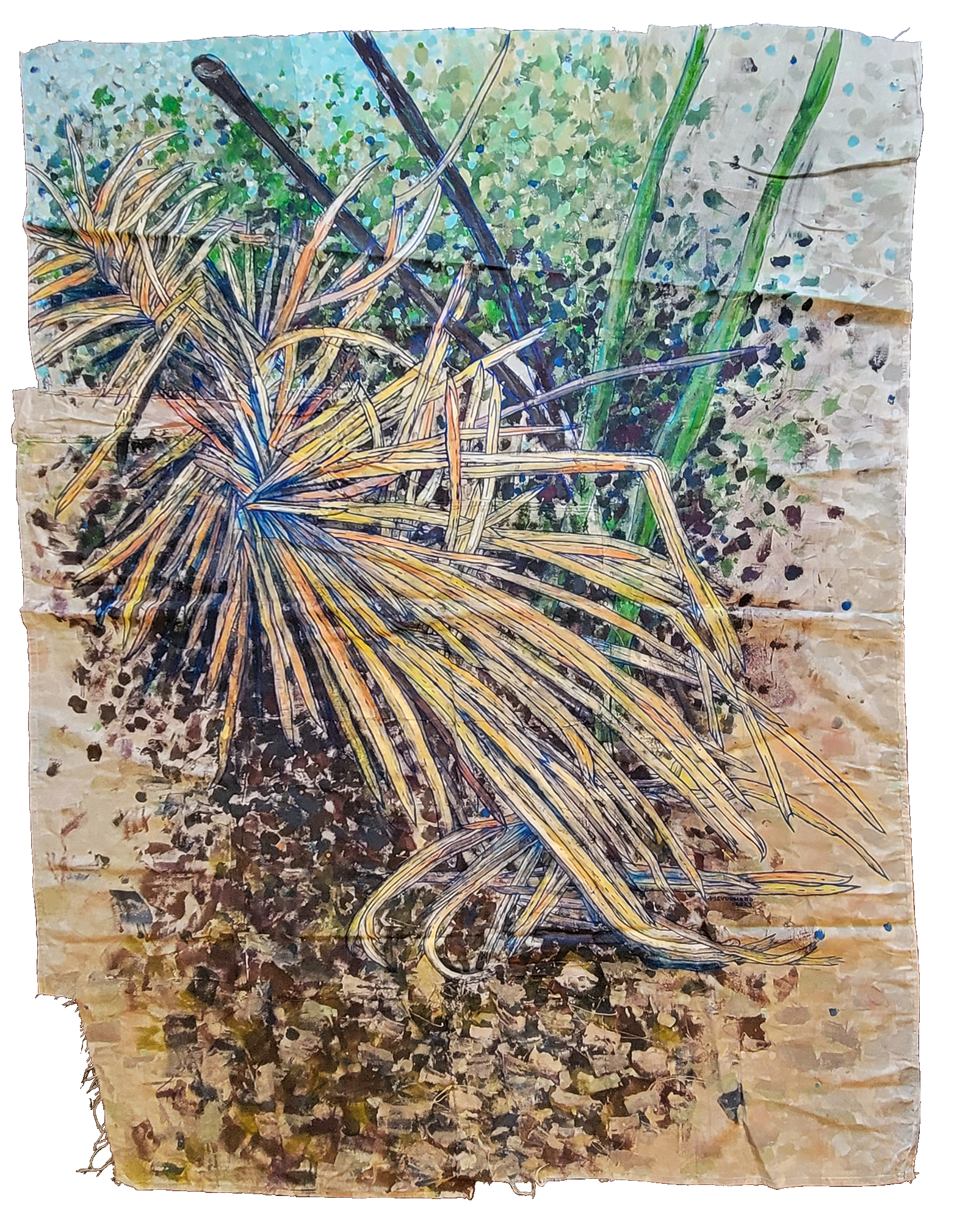 A painting on fabric depicts dried plant leaves in varying shades of brown with a few green leaves in the background.