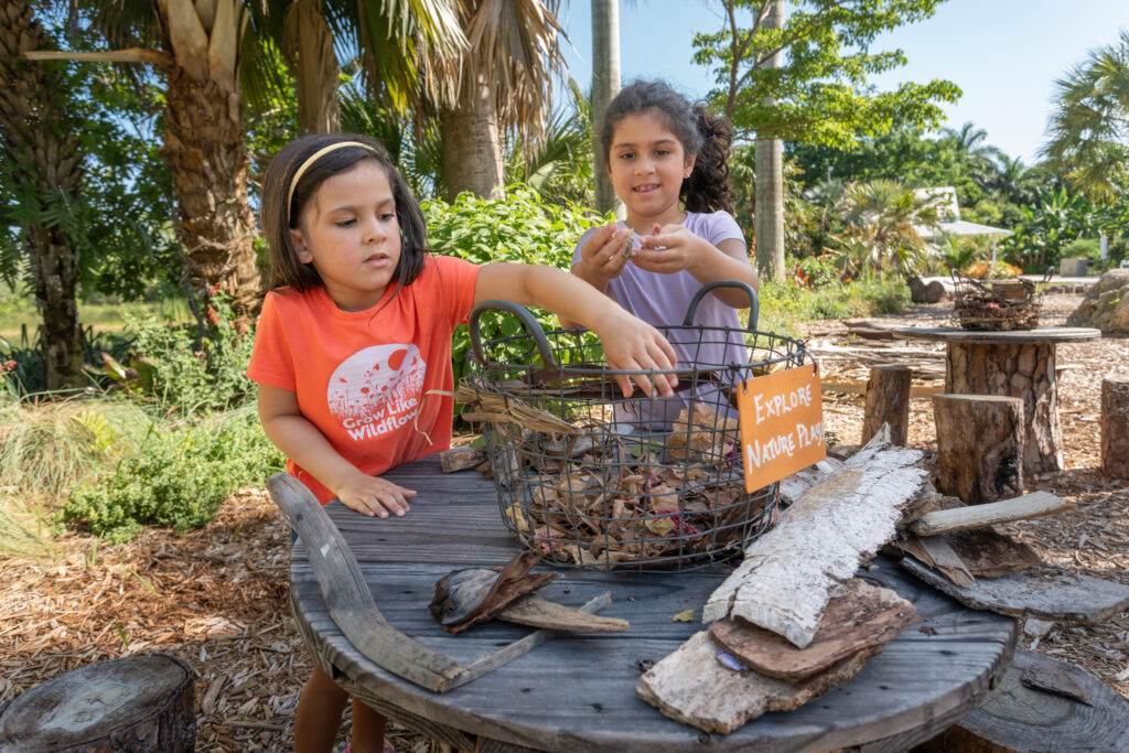 A wire basket filled with dried plant material sits on a wooden table while two children look through the basket. 