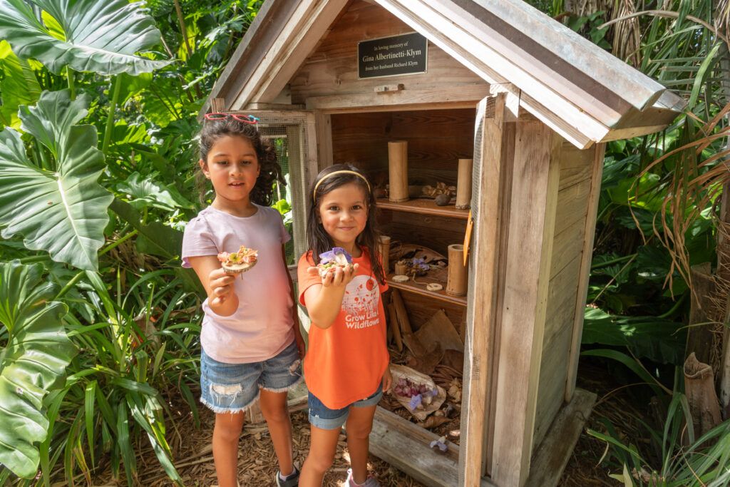 A house-shaped, wooden cabinet with open doors reveal shelves full of plant material for play. Two children pose for the camera holding their creations. 
