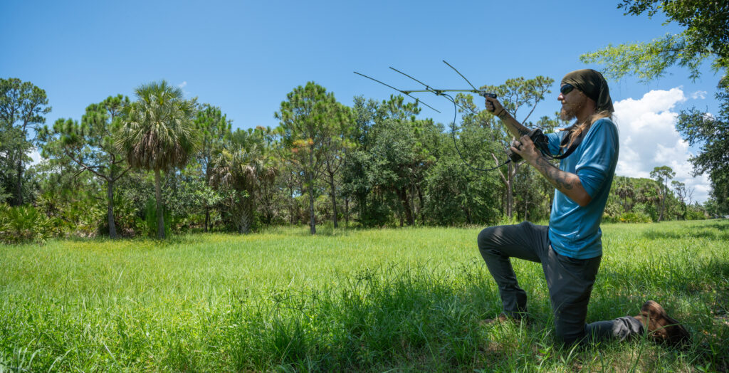 A person kneels on the right side of the photo in a grassy field with trees in the background. The person is holding up an antenna for a radio telemetry device.