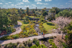 An aerial photo of a garden space shows two people walking on a bridge over water feature that runs down the center of the garden space. There are trees around the perimeter of the photo and grass lawns on either side of the water. 
