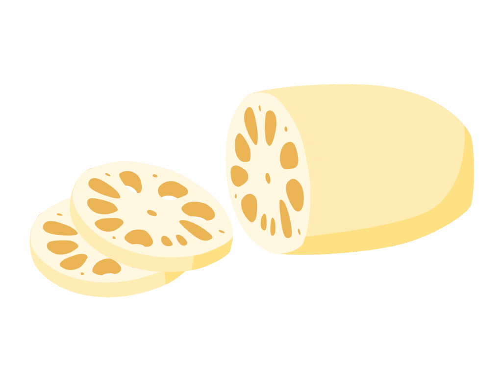 An illustration of a lotus root that is potato-like in both shape and color has two slices next to it, revealing the holey inside. 