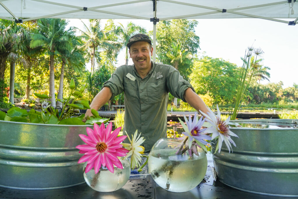 A person poses behind a table that showcases two silver tubs filled with waterlily plants and two jars holding four large waterlily flowers.
