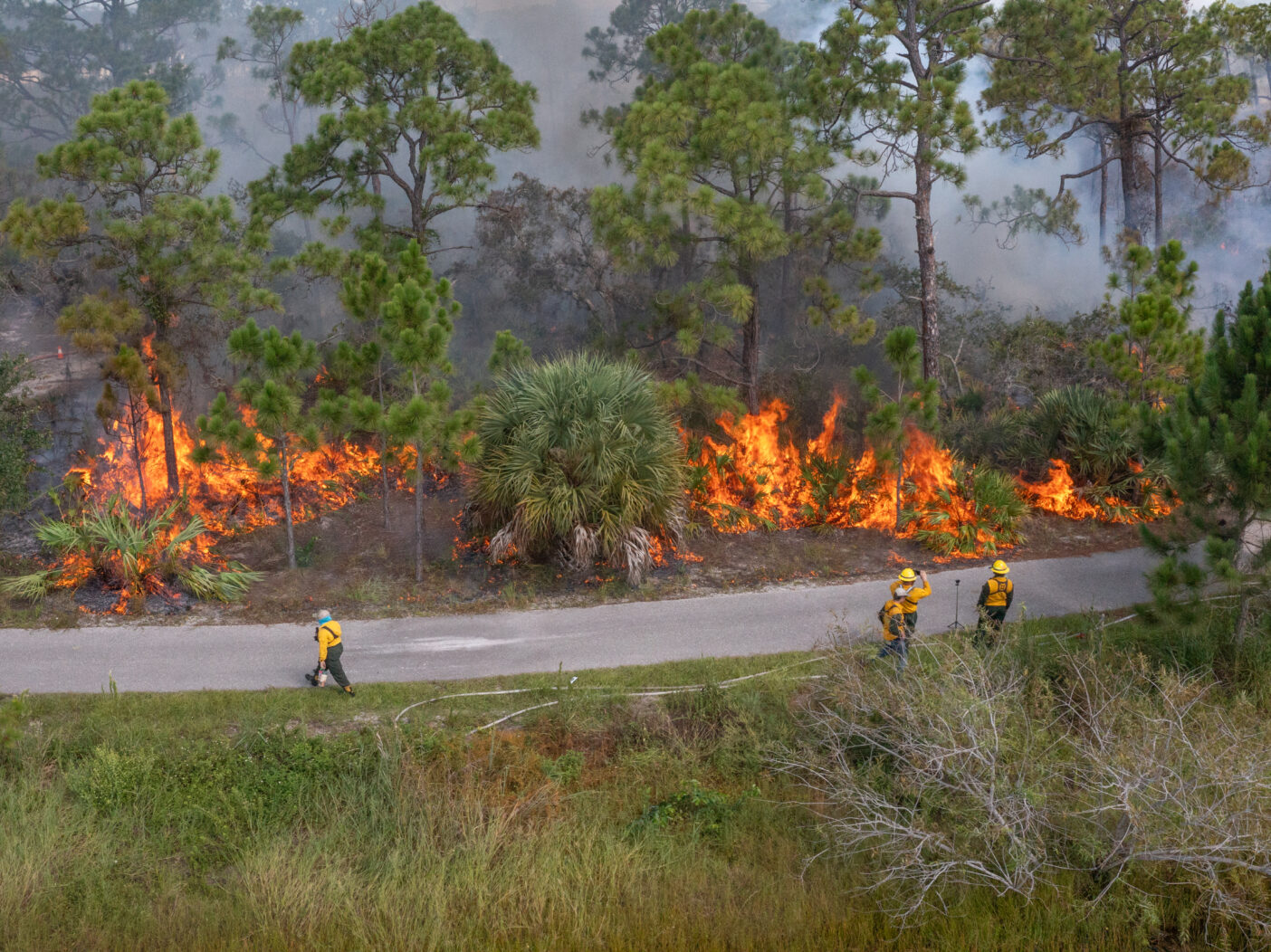 Aerial footage shows a natural area separated by a road. The uppermost portion of the natural area is ablaze while a few people monitor the flames.