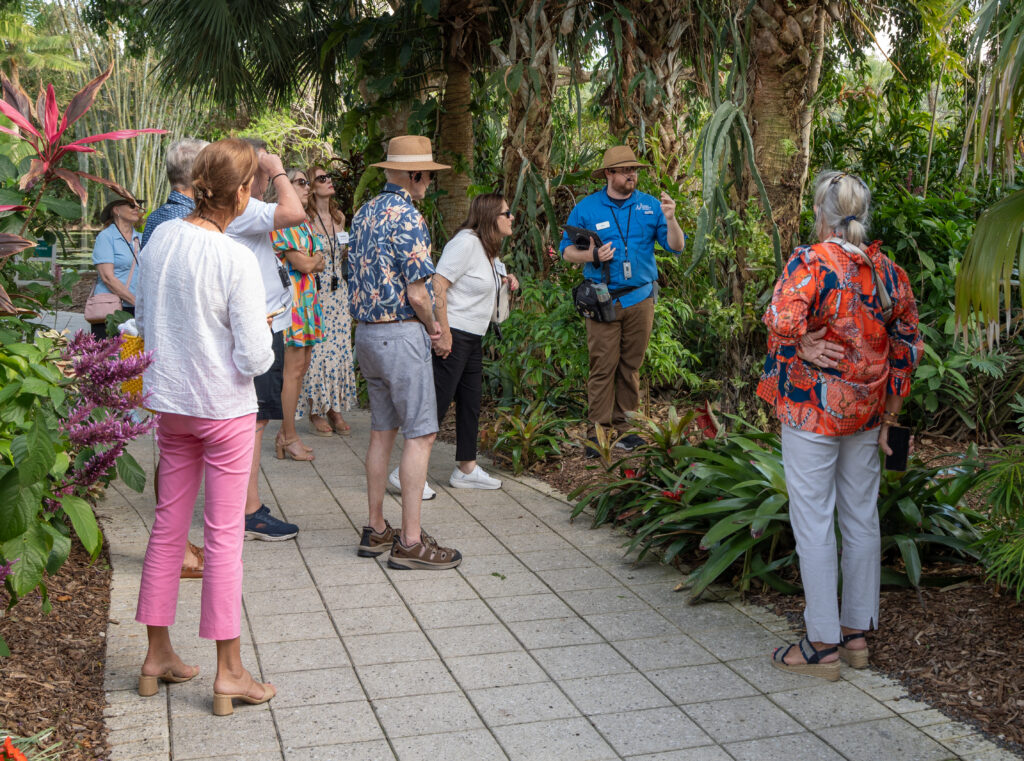 A tour guide wearing a microphone and carrying an ipad directs the attention of tour guests to a cactus hanging from a palm tree. There are nine guests, all standing on a garden pathway.