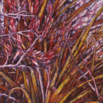 Bright reds and pinks are used in a painting of a bromeliad with other plants intertwined within it.