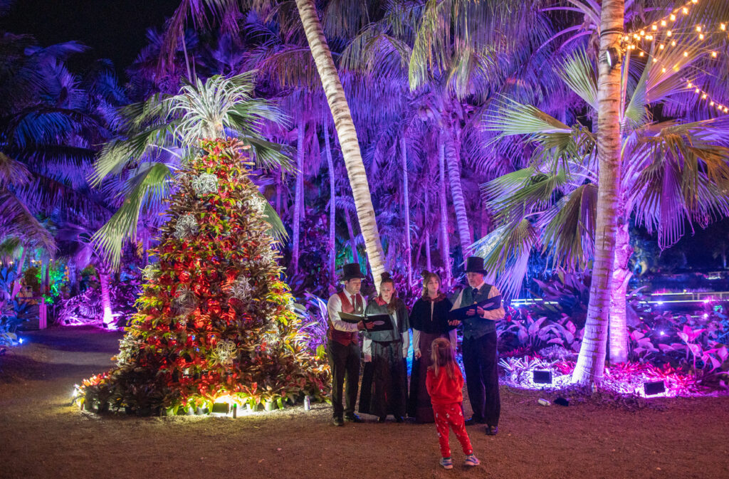 A group of carolers stand near a Christmas tree made of bomeliads while a child watches. The palm trees surrounding them are glowing blue and purple.